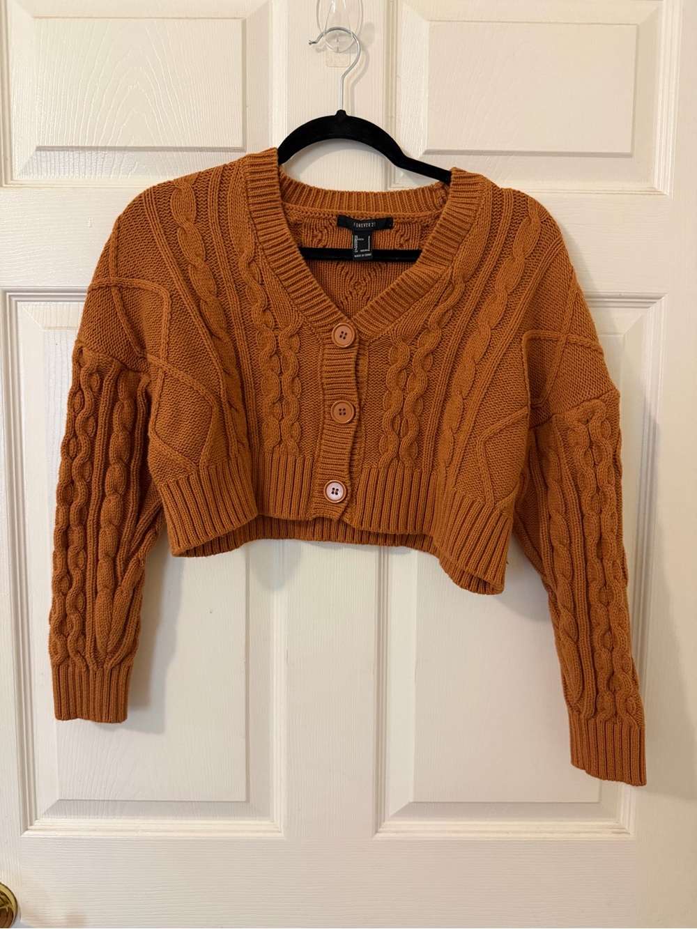 Forever 21 Cropped Cable Knit Cardigan Sweater Small Rust Brown Chunky Button